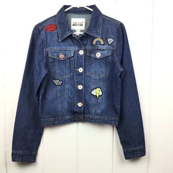 "The Edit by Seventeen" Denim Jacket Distressed Dark Blue Jean, Size Medium - Picture 1 of 10